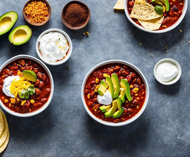 Ciotola con delizioso pollo e chili con carne su fondo di legno rustico scuro