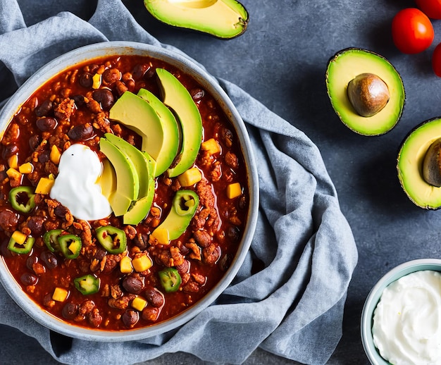 Ciotola con delizioso pollo e chili con carne su fondo di legno rustico scuro