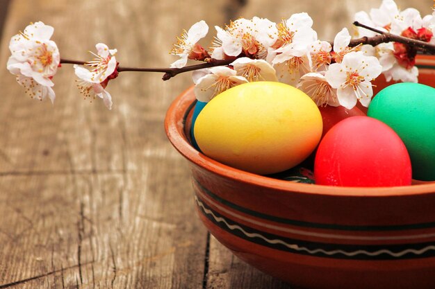 Ciotola con dettaglio di uova colorate della decorazione primaverile di Pasqua