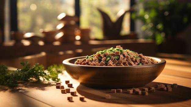 ciotola con germogli di grano saraceno verde secco su fondo di legno scuro