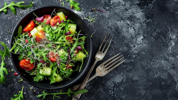 Ciotola con insalata vegetariana fresca di verdure crude e microgreen su sfondo nero