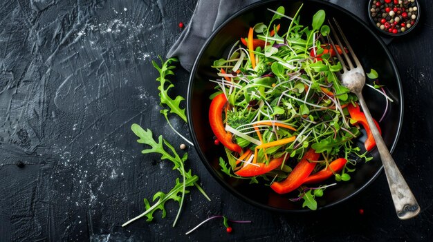 Ciotola con insalata vegetariana fresca di verdure crude e microgreen su sfondo nero