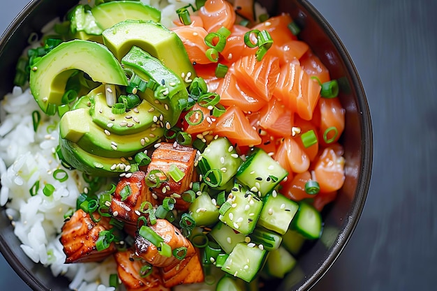 Ciotola con salmone, avocado e altri ingredienti Alimento sano generato dall'AI