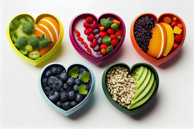 Ciotola con un sacco di frutta e verdura a forma di cuore su sfondo blu Mangia sano