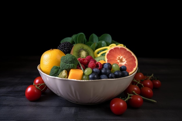 Ciotola con un sacco di frutta e verdura a forma di cuore su sfondo scuro Mangia sano