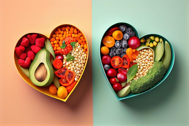 Ciotola con un sacco di frutta e verdura a forma di cuore su uno sfondo colorato Mangia sano