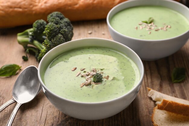 Ciotola con una deliziosa zuppa di broccoli sul tavolo