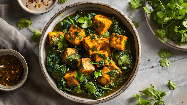 Ciotola con vista dall'alto di autentico saag paneer, una creazione fatta in casa dell'India settentrionale con spinaci