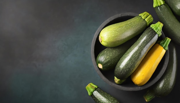 Ciotola con zucchine fresche su sfondo scuro con spazio di copia