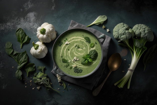 Ciotola con zuppa di broccoli verdi su sfondo grigio AI Generation