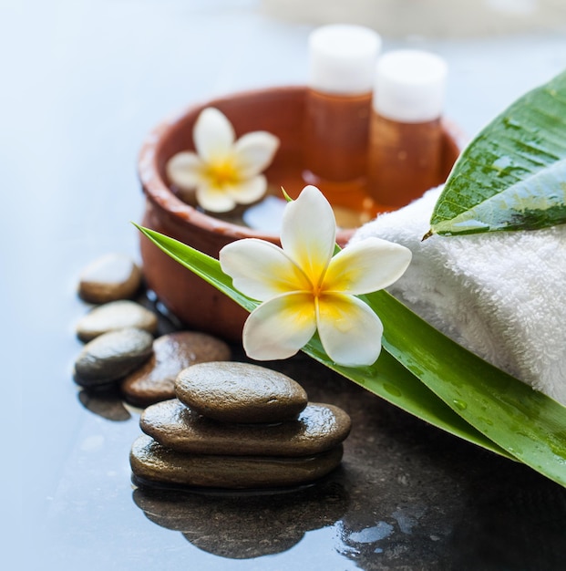 Ciotola d'acqua con piccole bottiglie di olio e fiori Asciugamano spa e pietra Cura del corpo e concetto di spa