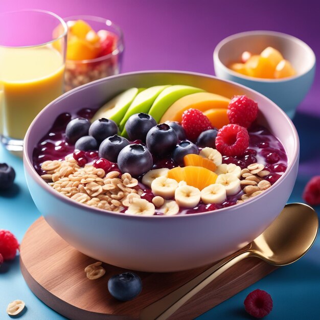 Ciotola di Acai con latte condensato di frutta di avena e concetto di cibo sano di cereali