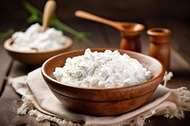 Ciotola di argilla tradizionale con ricotta del contadino e cucchiaio di legno su uno sfondo di legno scuro Clos