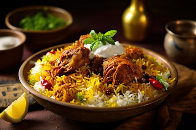 Ciotola di biryani con sopra una verdura verde e carne