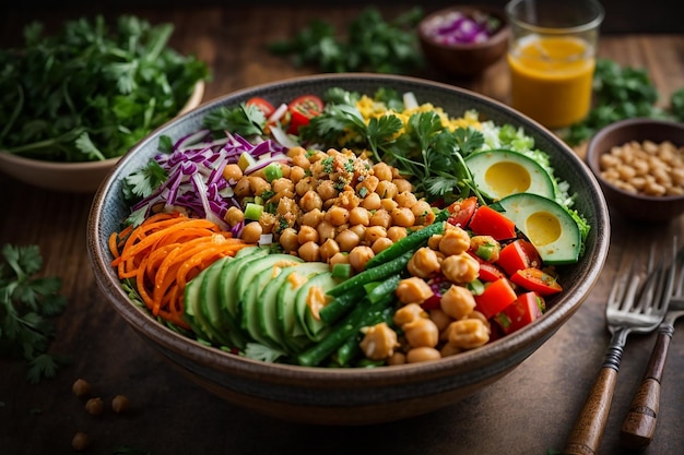 ciotola di buddha vegetariana con insalata di verdure fresche e ceci