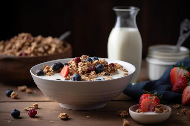 Ciotola di cereali sani con frutta e latte creata con l'IA generativa