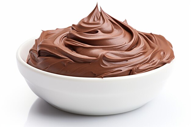 Ciotola di crema di cioccolato isolata su sfondo bianco