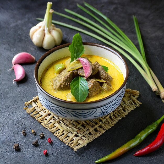 Ciotola di curry giallo thailandese Curry di pollo con frutti di mare sullo sfondo bianco