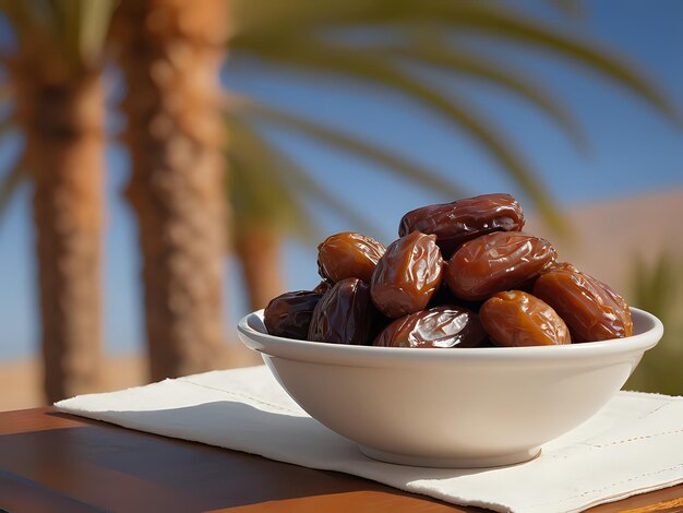 Ciotola di deliziose date di palma per l'Iftar con il deserto sullo sfondo Ramadan Kareem sfondo islamico Copia spazio