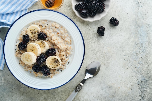 Ciotola di farina d'avena con porridge di farina d'avena con banane di mora e semi di chia su sfondo grigio cemento vecchio tavolo Vista dall'alto in stile piatto Ingredienti naturali Colazione sana calda e cibo dietetico