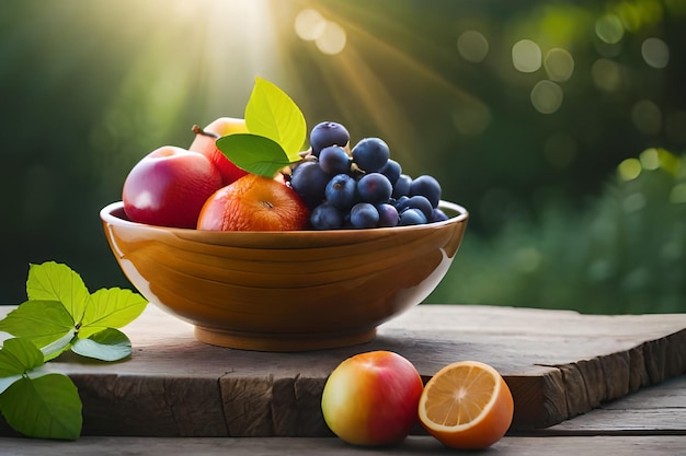 Ciotola di frutta su un tavolo con uno sfondo verde