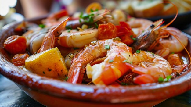 Ciotola di frutti di mare con gamberetti e limoni