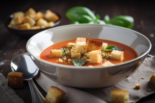 Ciotola di gazpacho guarnita con crostini e filo d'olio d'oliva