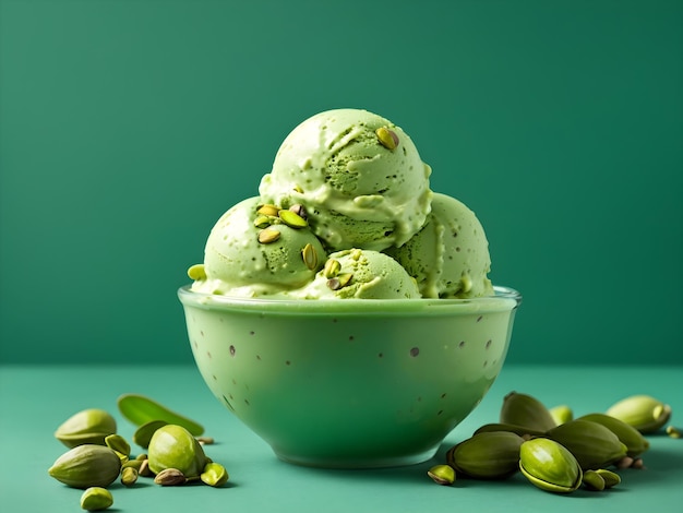 Ciotola di gelato al pistacchio verde isolato su sfondo verde vista dall'alto