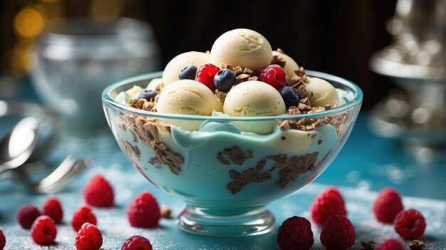 ciotola di gelato con frutta di lamponi foto