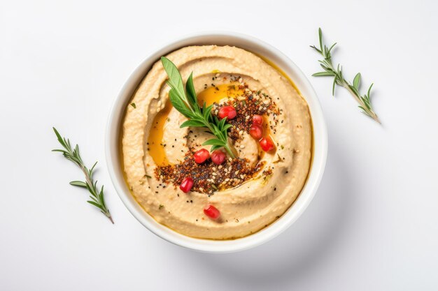 Ciotola di hummus su sfondo bianco