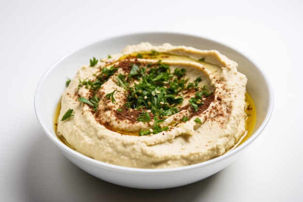 Ciotola di hummus su sfondo bianco