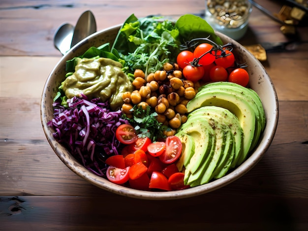 Ciotola di insalata vegana fresca con avocado e ceci