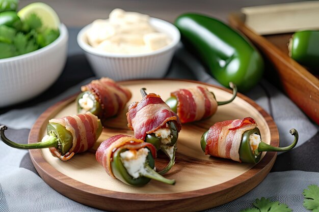 Ciotola di jalapenos ripieni di formaggio e avvolti nella pancetta per un facile antipasto creato con generativ