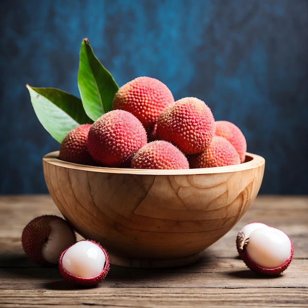 Ciotola di litchi fresco su fondo di legno