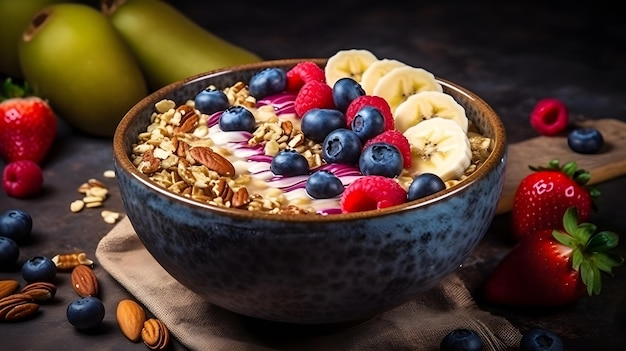 Ciotola di muesli con latte e frutta e banana