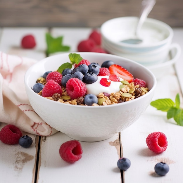 Ciotola di muesli con yogurt e frutti di bosco Generative Ai