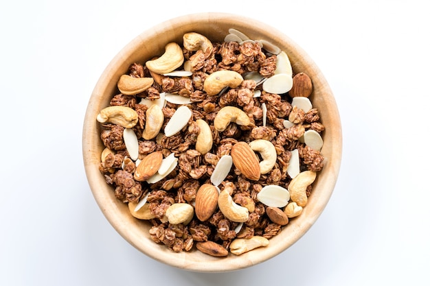 Ciotola di Muesli e Granola Isolato su Bianco Vista Superiore.