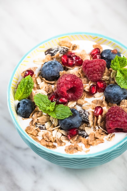 Ciotola di muesli fatto in casa con yogurt e frutti di bosco freschi