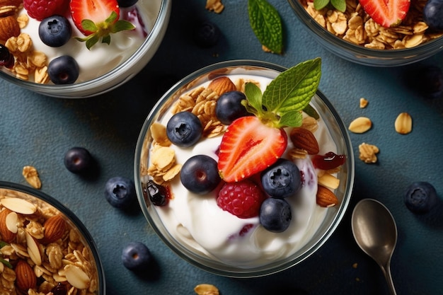 Ciotola di muesli Ingredienti biologici per una sana colazione Yogurt con muesli e frutti di bosco IA generativa
