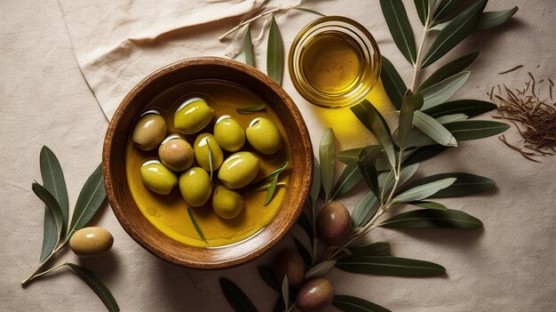 Ciotola di olio d'oliva e olive verdi con foglie