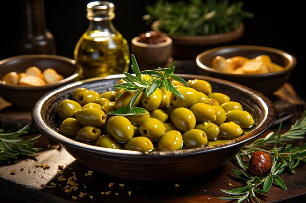 Ciotola di olive verdi con rosmarino e olio d'oliva Closeup