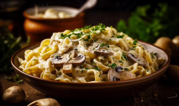 Ciotola di pasta con funghi e prezzemolo sul tavolo accanto all'aglio IA generativa