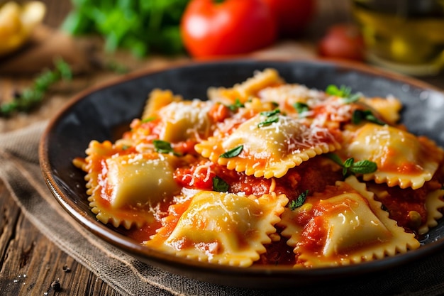 Ciotola di pasta ravioli italiana con salsa di pomodoro piccante e formaggio