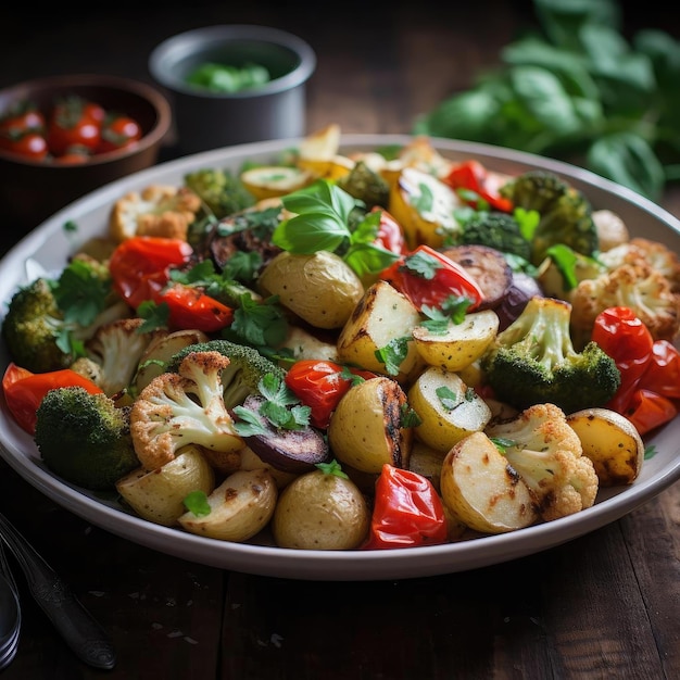 Ciotola di patate e verdure al forno con broccoli e aglio