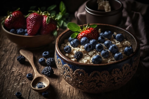 Ciotola di porridge di avena fatto in casa con mirtilli freschi e fragole