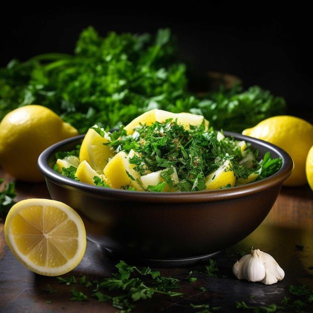 Ciotola di prezzemolo, aglio, olio d'oliva e limone su sfondo scuro