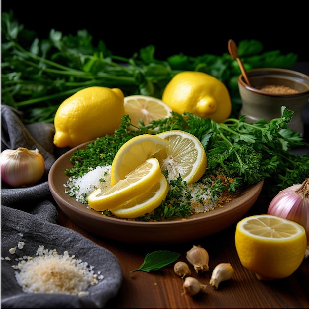 Ciotola di prezzemolo, aglio, olio d'oliva e limone su sfondo scuro