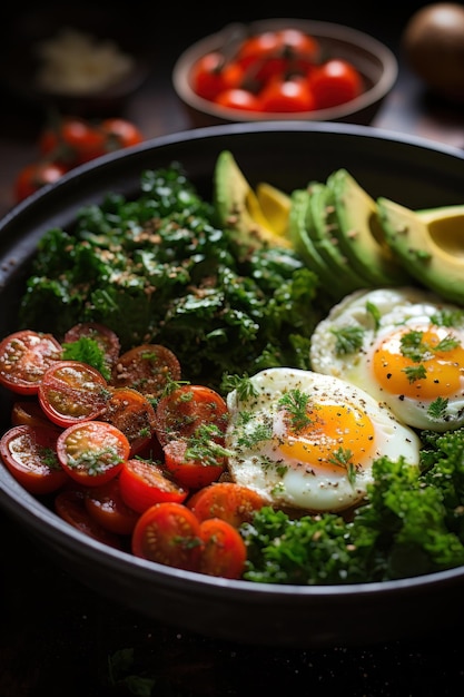 Ciotola di quinoa ricca di proteine senza glutine e colazione ricca di verdure e uova