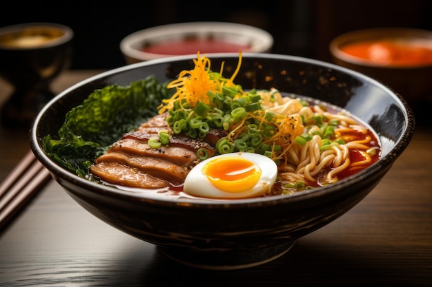 Ciotola di ramen al vapore con brodo ricco Tender Chashu Pork e un uovo bollito morbido Generative AI