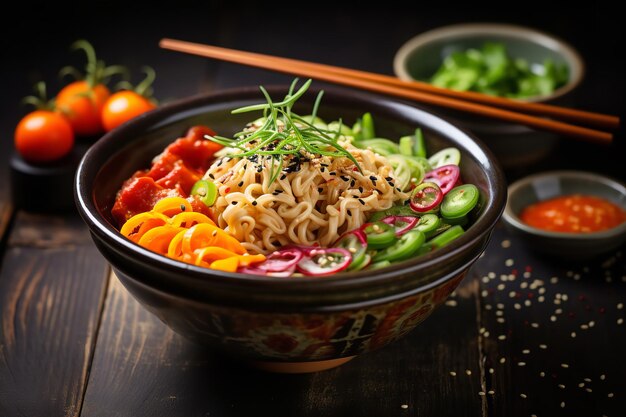 Ciotola di ramen vegano con ingredienti colorati